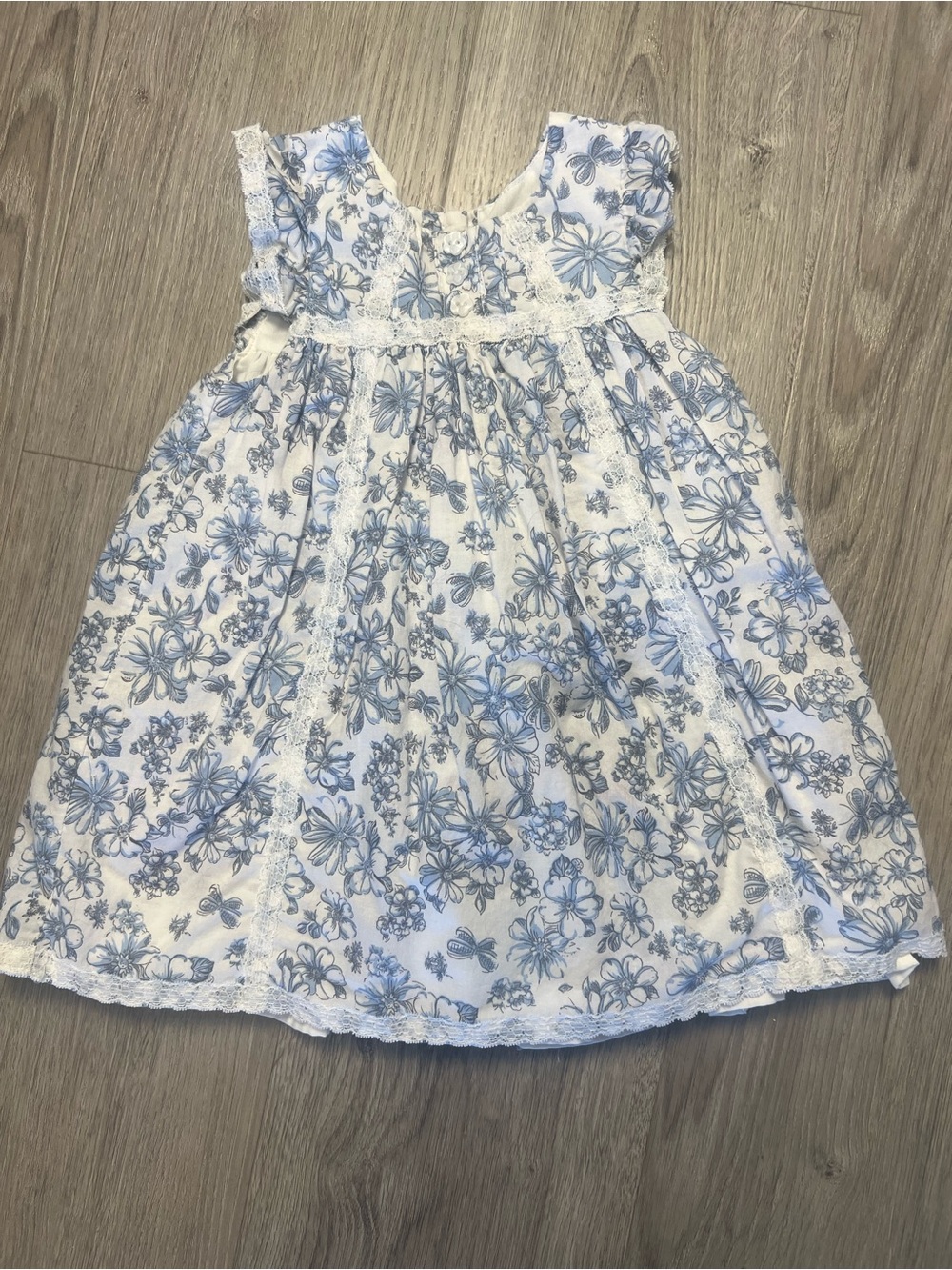 Blue Floral Lace-Trim Girls' Casual Dress